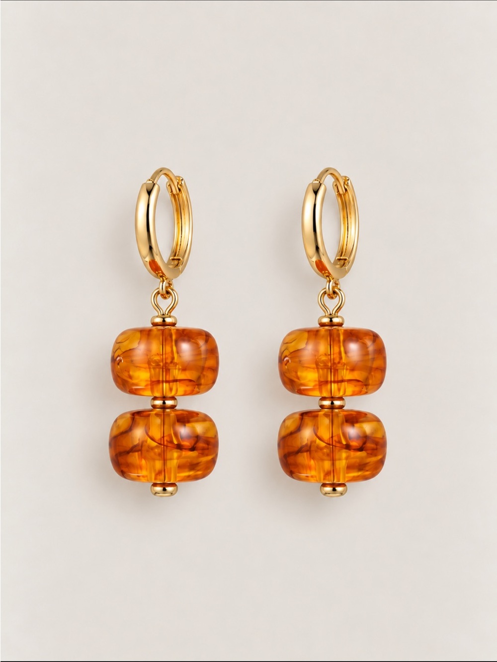 New! Amber Lucite Beaded Gold Huggie Drop Earrings NWOT